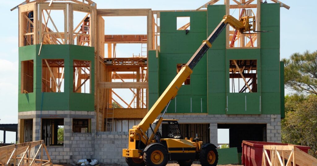 A multi-story wooden house under construction using a crane on a sunny day.